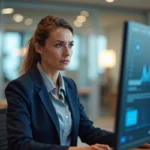 Femme professionnelle comparant deux logiciels CRM sur des écrans d'ordinateur dans un bureau moderne