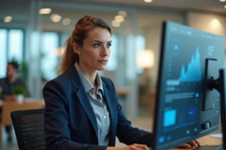 Femme professionnelle comparant deux logiciels CRM sur des écrans d'ordinateur dans un bureau moderne