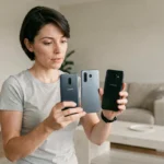 Femme comparant la taille de trois smartphones Samsung Galaxy dont le S22 dans un salon moderne
