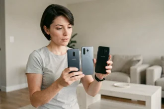 Femme comparant la taille de trois smartphones Samsung Galaxy dont le S22 dans un salon moderne