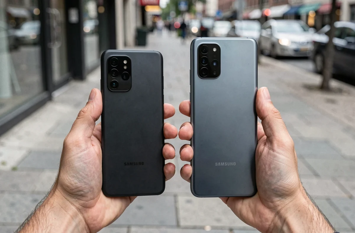 Deux mains tenant un Samsung Galaxy S22 et un modèle plus grand pour comparer visuellement leur taille en extérieur urbain