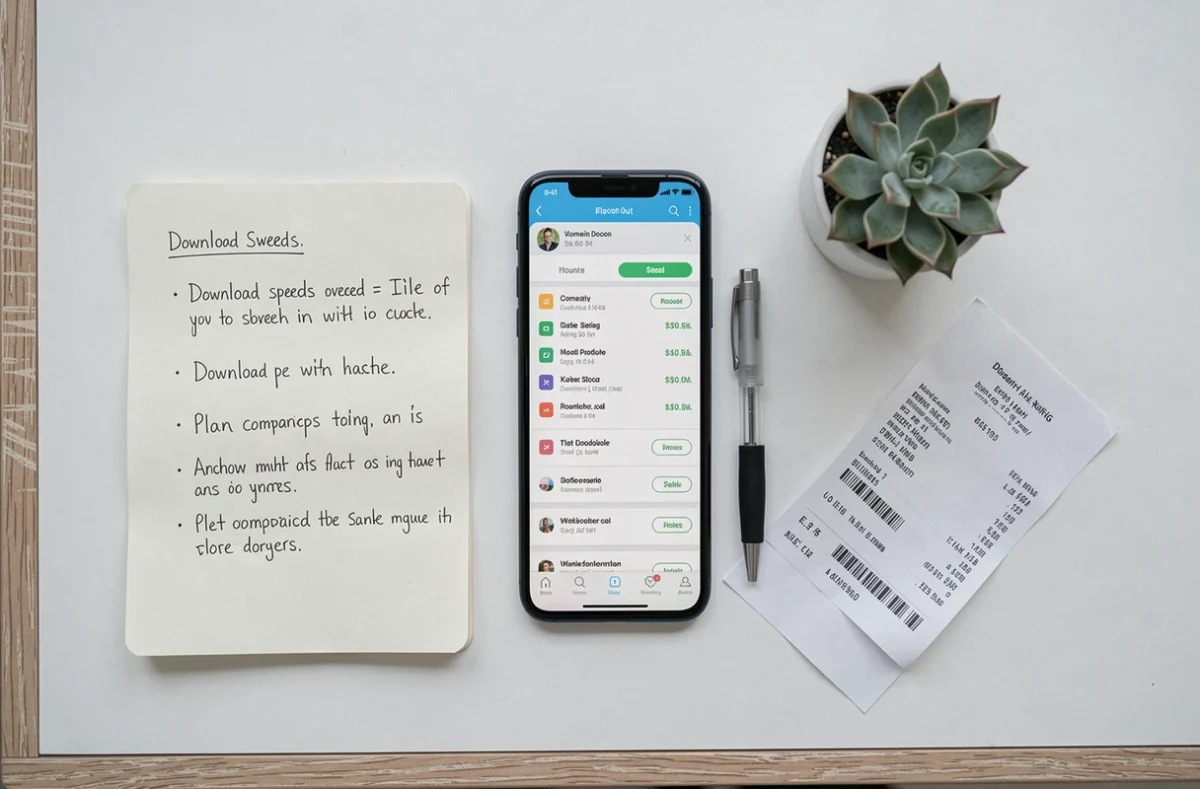 Vue aérienne d'un espace de travail avec comparatif de crédits CDN 1fichier sur smartphone et notes manuscrites