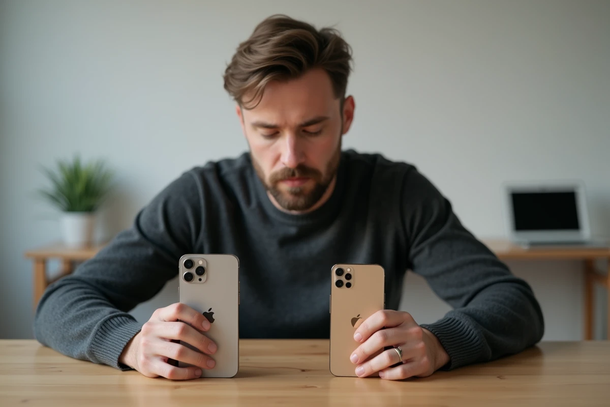 Homme comparant l'iPhone 15 et l'iPhone 15 Pro côte à côte sur un bureau minimaliste