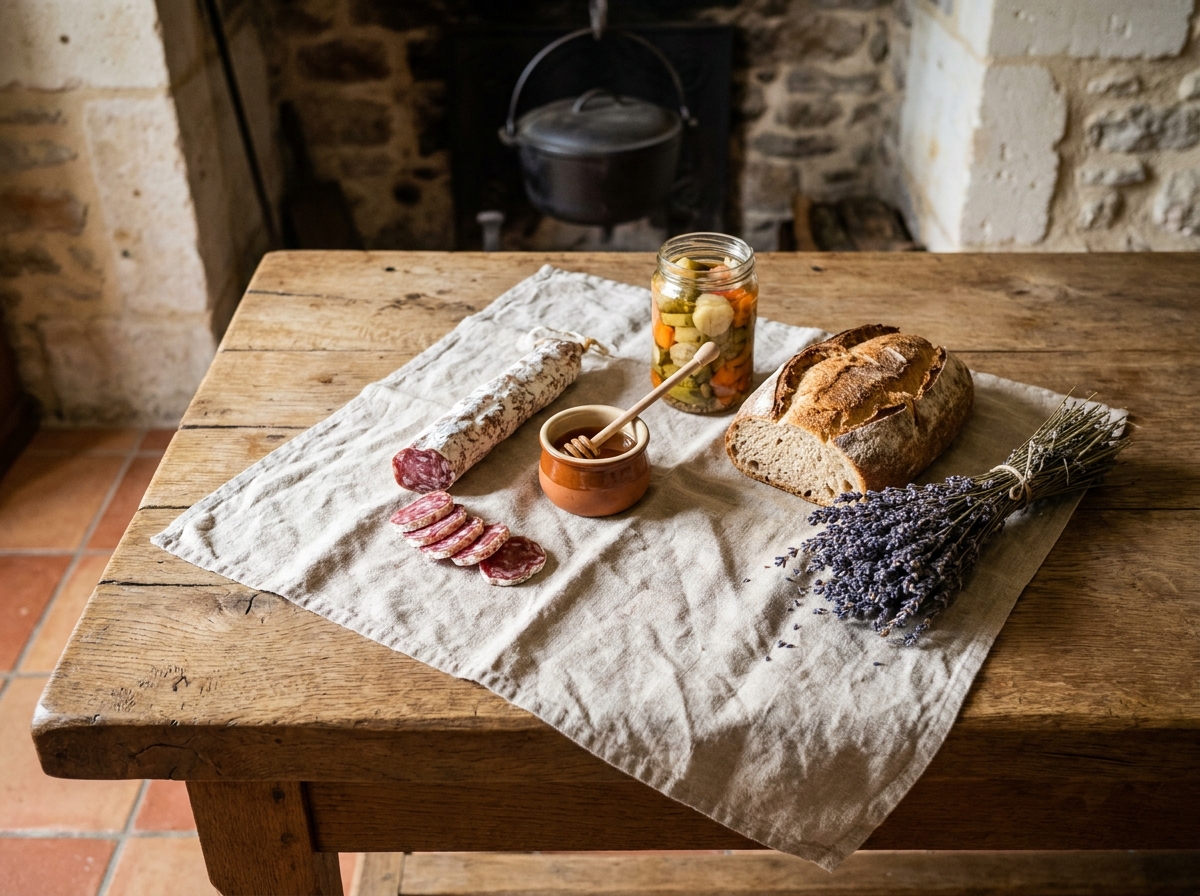 Composition soignée de produits artisanaux du terroir sur une table en chêne dans une cuisine de ferme provençale