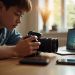 Jeune configurant un appareil photo Canon EOS avec assistant vocal