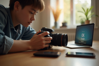 Jeune configurant un appareil photo Canon EOS avec assistant vocal