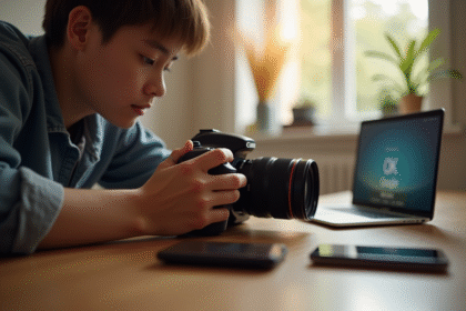 Jeune configurant un appareil photo Canon EOS avec assistant vocal