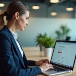 Femme professionnelle configurant les paramètres de messagerie IONOS sur un ordinateur portable dans un bureau moderne