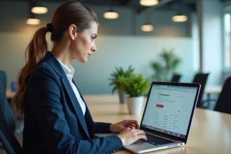Femme professionnelle configurant les paramètres de messagerie IONOS sur un ordinateur portable dans un bureau moderne