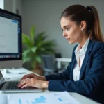 Femme configurant un compte webmail Roundcube sur un ordinateur portable dans un bureau professionnel