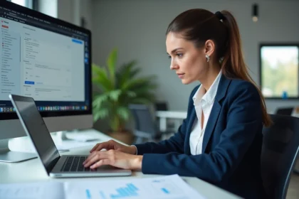 Femme configurant un compte webmail Roundcube sur un ordinateur portable dans un bureau professionnel
