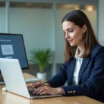 Femme connectée à sa messagerie académique webmail sur un ordinateur portable dans un bureau universitaire