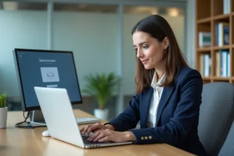 Femme connectée à sa messagerie académique webmail sur un ordinateur portable dans un bureau universitaire