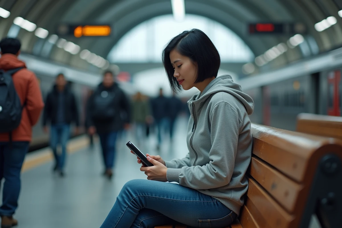 Femme jouant sur une console portable PlayStation dans une gare animée en situation de mobilité