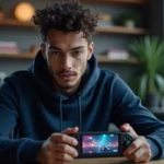 Jeune homme tenant une console portable Sony futuriste avec écran OLED dans un appartement moderne