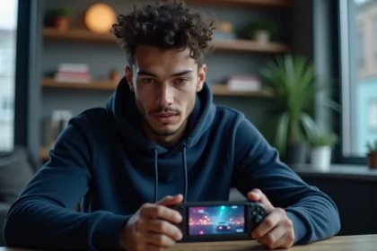 Jeune homme tenant une console portable Sony futuriste avec écran OLED dans un appartement moderne