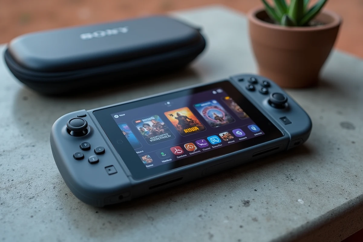 Gros plan sur une console portable Sony PlayStation nouvelle génération posée sur du béton avec accessoires