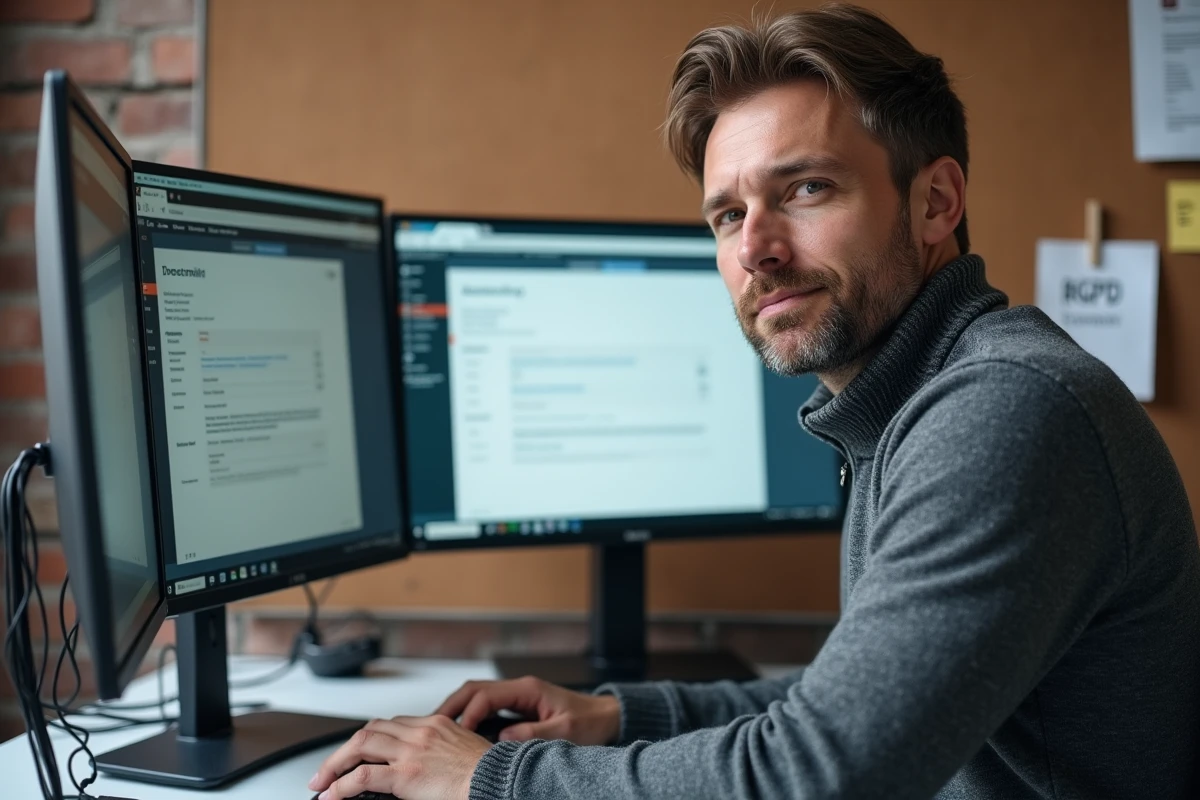Consultant informatique configurant la conformité RGPD sur un webmail IONOS avec deux écrans dans un bureau tech