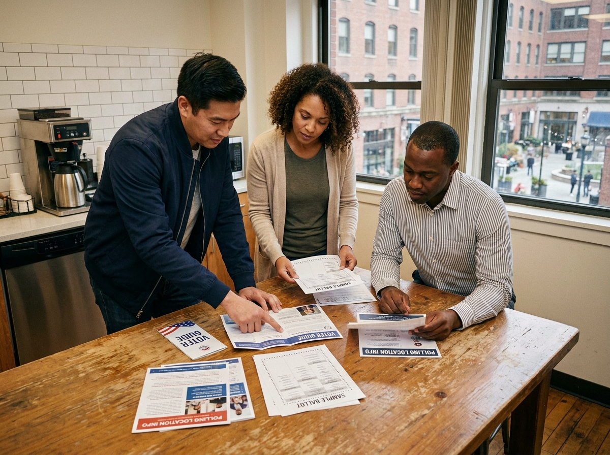 Des employés consultent des supports papier d'information pour les élections du comité social et économique