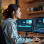 Jeune femme convertissant une vidéo en ligne en MP4 sur un bureau avec Adobe Premiere Pro ouvert