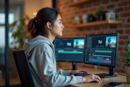 Jeune femme convertissant une vidéo en ligne en MP4 sur un bureau avec Adobe Premiere Pro ouvert
