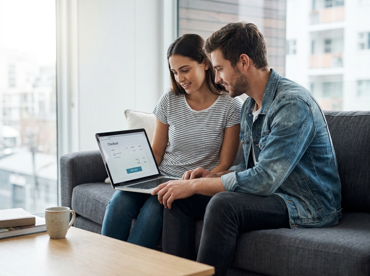 Couple effectuant un paiement en ligne par lien depuis un ordinateur portable dans un salon moderne