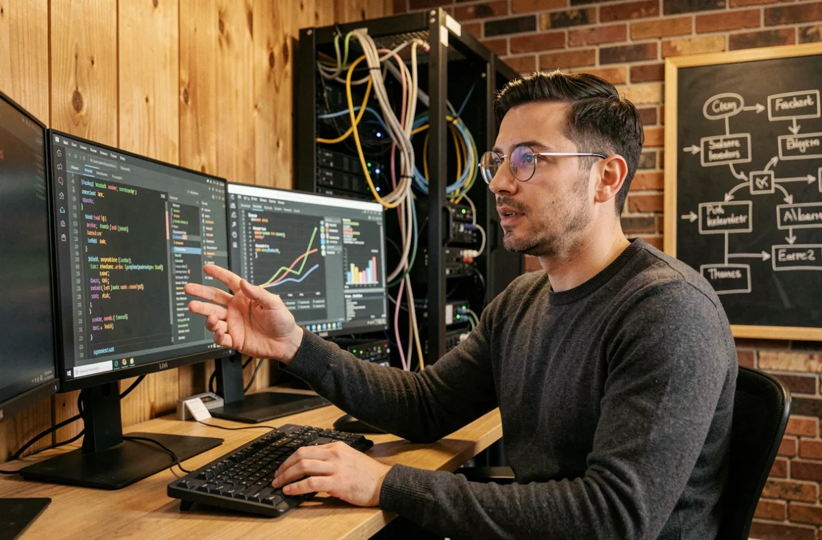 Data scientist de Craftman Data travaillant sur des pipelines de données et des visualisations analytiques dans un espace de travail technique