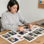 Femme arrangeant des photos imprimées sur un bureau en bois pour créer un montage photo professionnel