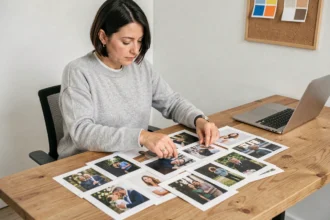 Femme arrangeant des photos imprimées sur un bureau en bois pour créer un montage photo professionnel