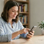 Femme utilisant son smartphone pour créer un sondage sur Messenger dans un bureau à domicile moderne