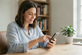 Femme utilisant son smartphone pour créer un sondage sur Messenger dans un bureau à domicile moderne
