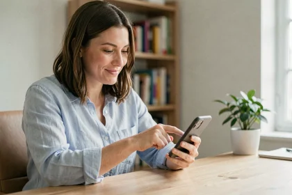 Femme utilisant son smartphone pour créer un sondage sur Messenger dans un bureau à domicile moderne