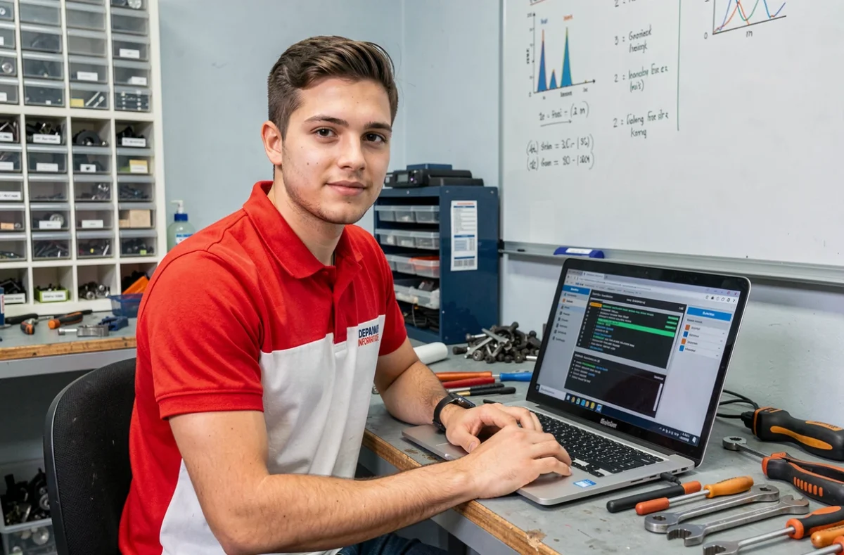Technicien de DEPANINFORMATIQUE réparant un ordinateur portable dans un atelier de dépannage