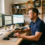 Technicien informatique professionnel travaillant dans un bureau organisé avec plusieurs écrans dans les Landes