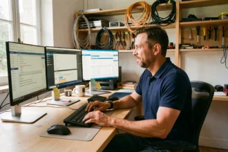Technicien informatique professionnel travaillant dans un bureau organisé avec plusieurs écrans dans les Landes