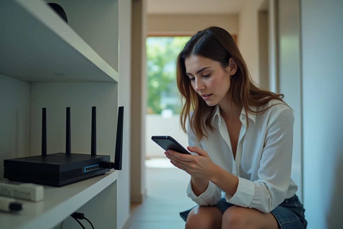 Femme inspectant un routeur domestique tout en consultant une page d'erreur admin sur son smartphone