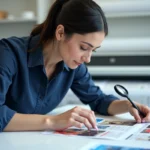Designer examinant la résolution en pixels d'un flyer imprimé avec une loupe dans un studio d'impression professionnel