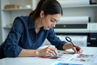 Designer examinant la résolution en pixels d'un flyer imprimé avec une loupe dans un studio d'impression professionnel