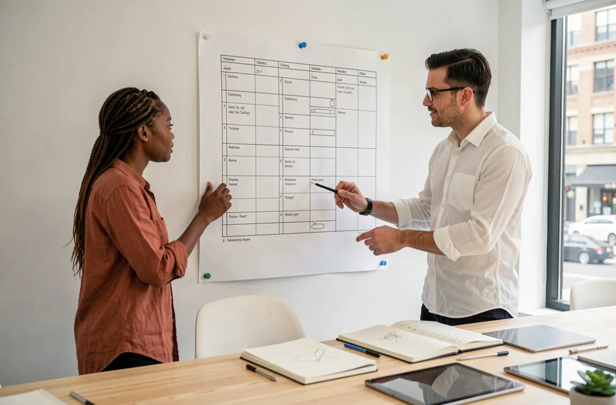 Deux designers UX collaborant devant un poster de maquettes d'interface en grille modulaire dans une salle de réunion d'agence créative moderne
