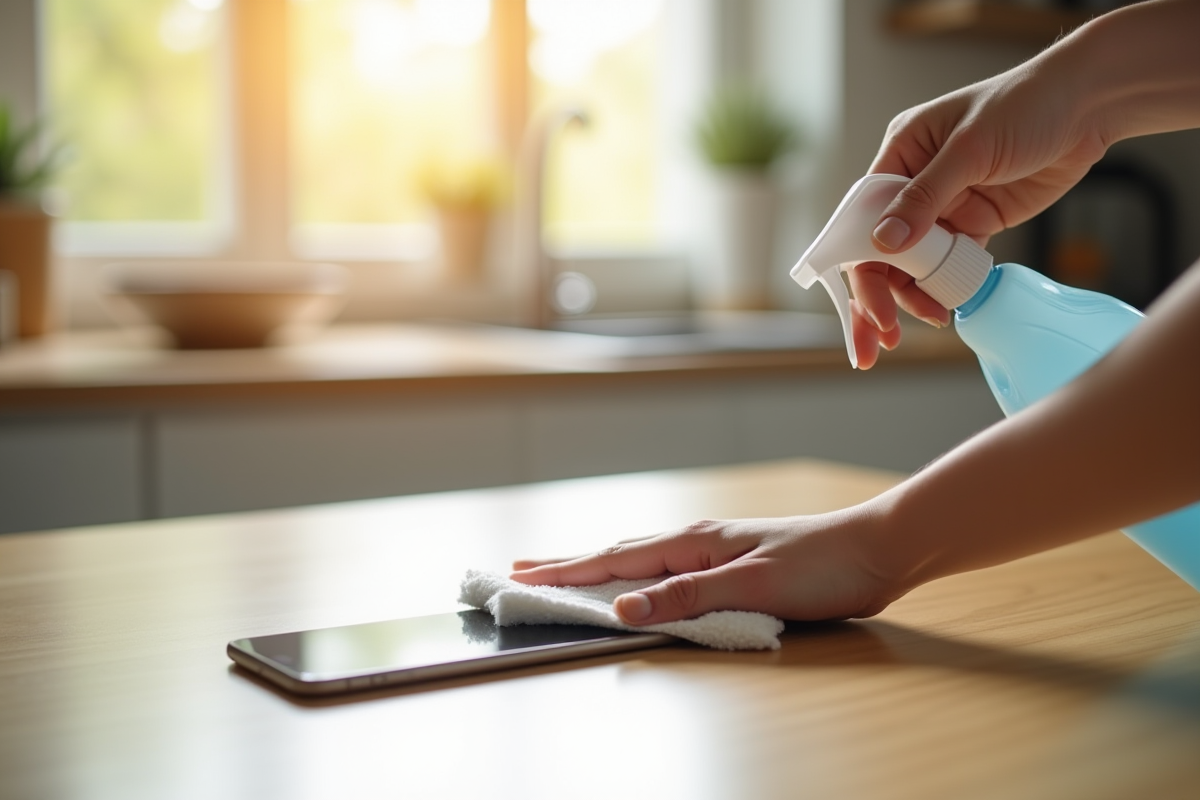 Personne désinfectant un smartphone moderne avec un chiffon dans une cuisine lumineuse