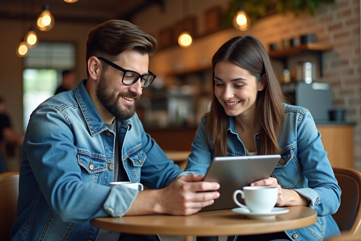 Deux personnes consultant Google Traduction sur tablette dans un café moderne