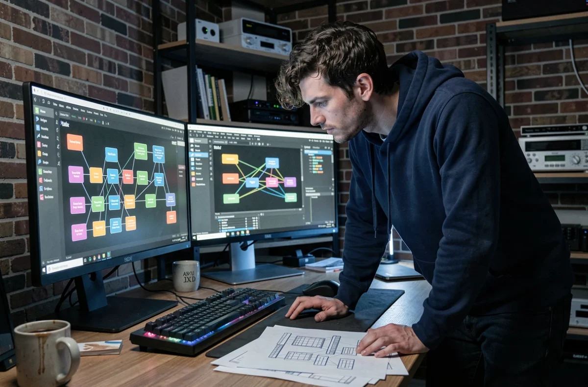 Développeur frontend concentré devant deux moniteurs affichant des diagrammes CSS flexbox et grid dans un studio home office avec ambiance sombre et chaleureuse