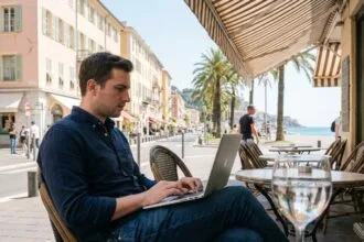 Jeune homme développeur à Nice travaillant sur son ordinateur portable