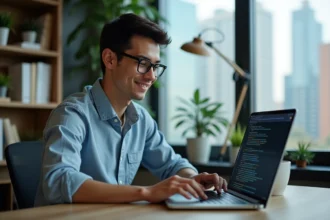 Jeune homme en code Python dans un bureau moderne
