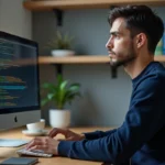 Développeur Python analysant du code XML sur un grand écran dans un bureau à domicile moderne