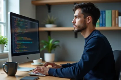 Développeur Python analysant du code XML sur un grand écran dans un bureau à domicile moderne