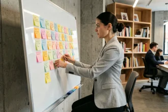 Développeuse web arrangeant des notes colorées en grille sur un tableau en verre dans un bureau tech moderne, illustrant la mise en page flexbox et grid CSS