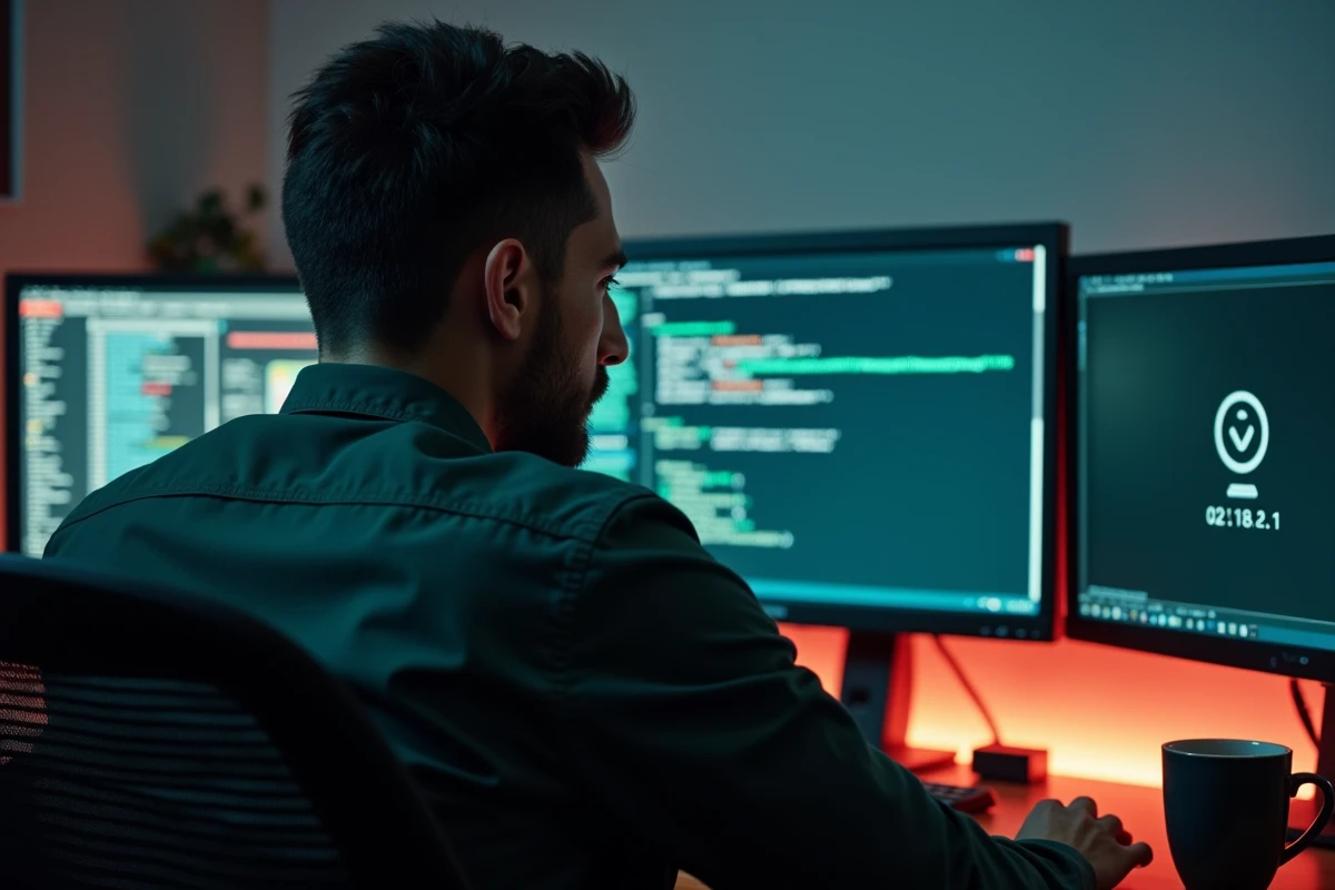 Technicien diagnostiquant un problème d'accès à l'interface 192.168.1.1 depuis un ordinateur avec deux écrans après réinitialisation du routeur