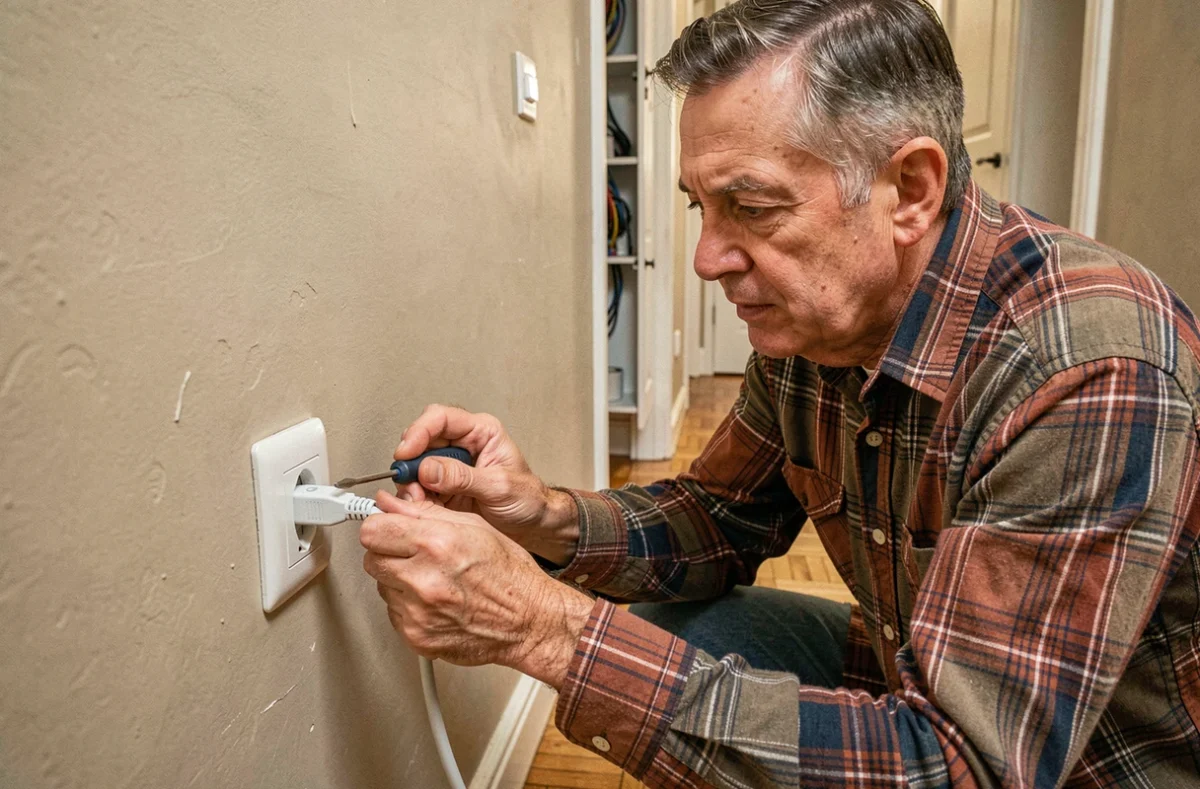 Homme inspectant la prise téléphonique murale pour diagnostiquer une coupure internet avec le code erreur S1 Bouygues
