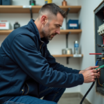Électricien professionnel attachant un fil de terre dans un local moderne